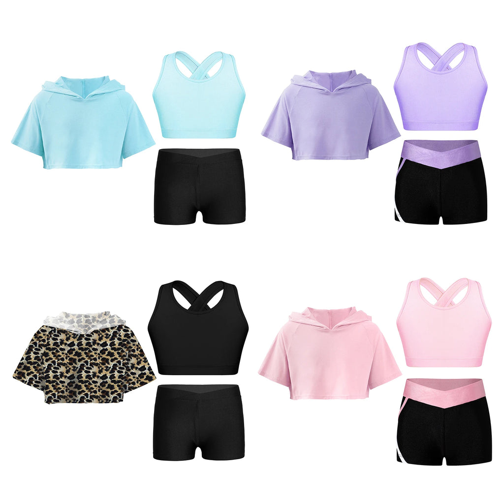 3Pcs Girls Sports Set Vest+Hooded Crop Top+Shorts Sportswear Set for Child Dance Yoga Running Cycling Workout Costume Activewear