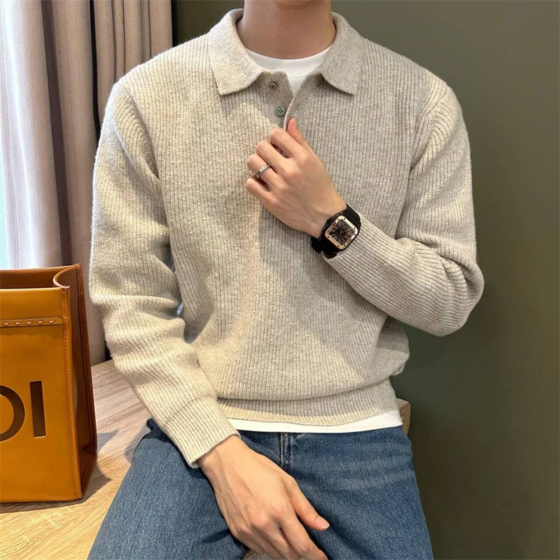 Winter Men's Solid Color Polo Neck Knitted Sweaters Casual Retro Warm Pullovers Knitwear Elegant Y2K Streetwear Jersey Hombre