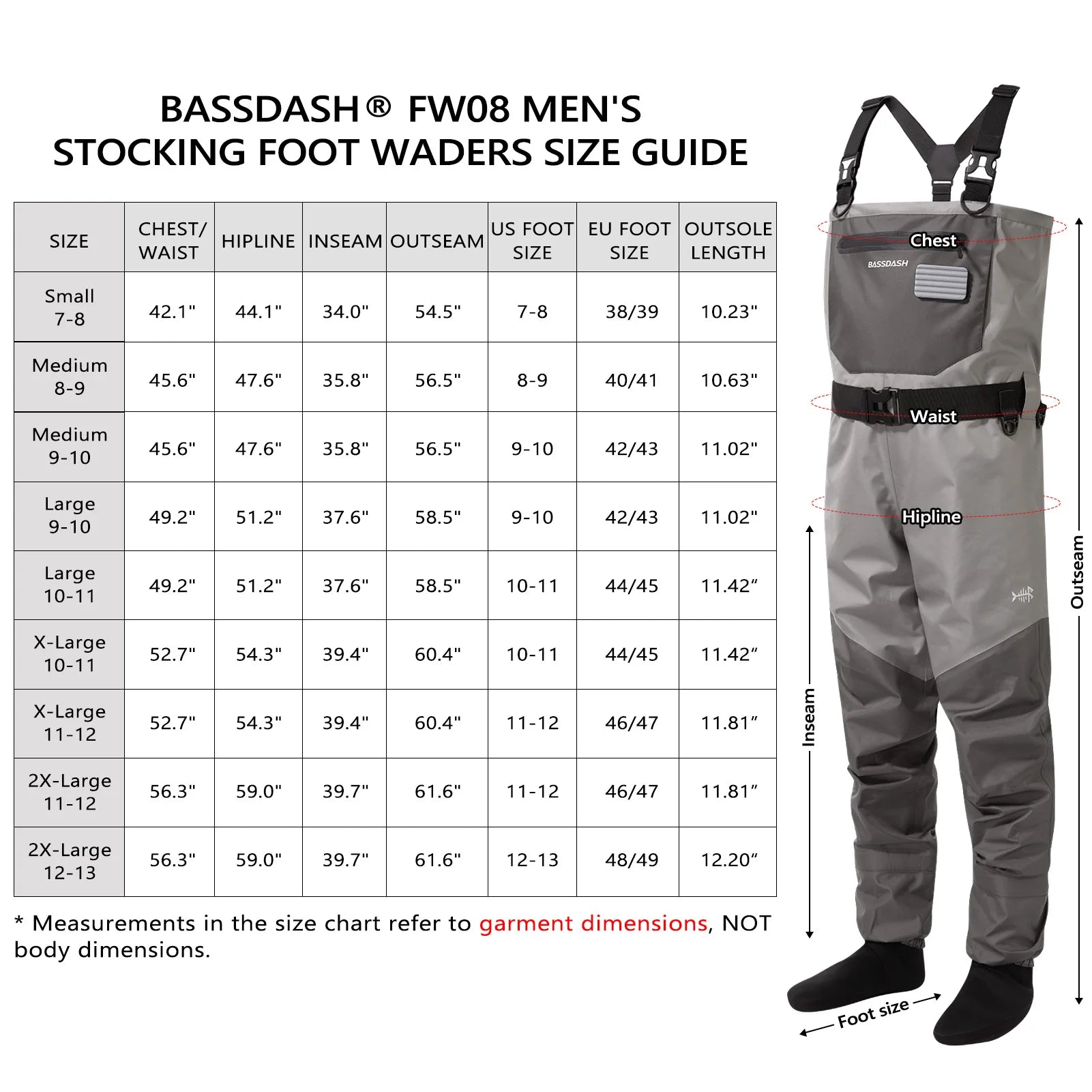 BASSDASH Fishing Wader Lightweight Stocking Foot FW08 Men’s Breathable Waders Waterproof Fly Fishing Chest
