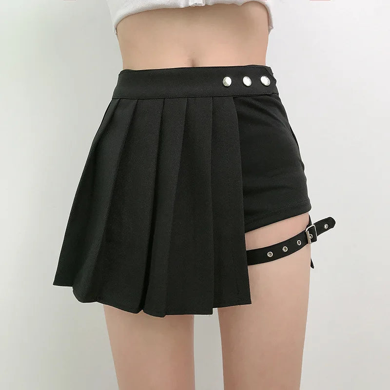 Pleated Girls Gothic Half Skirts Summer Harajuku Punk Style Plaid Irregular Skirts Women Asymmetrical High Waist Black Skirts Secondary image