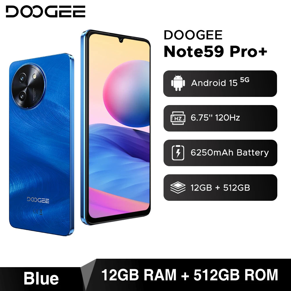 Global Version DOOGEE Note59 Pro+ 5G Smart phone Android 15 6250mAh Battery 6.75'' 120Hz Screen 12GB 512GB AI Camera Cell Phone