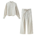 HH Women 2026 New Fashion Versatile Beige Striped Puffy Sleeve Shirt+High Waisted Loose Pleated Casual Long Pants Two Piece  Set