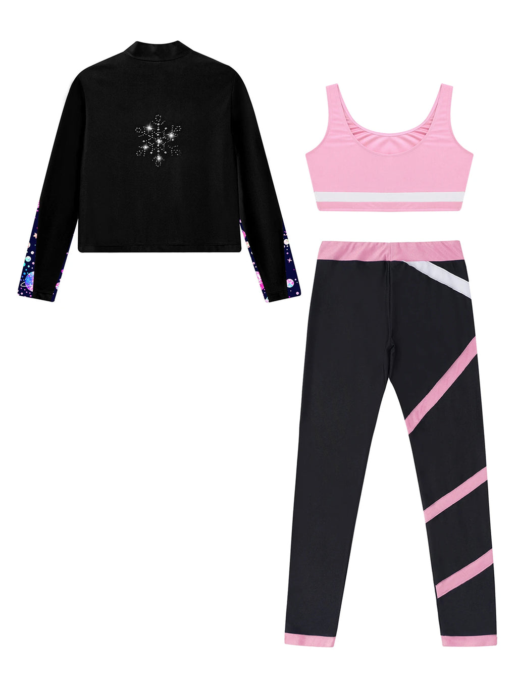 3Pcs Kids Girls Skating Athletic Fitness Workout Tracksuit Sleeveless Vest Top +Pants with Long Sleeve Zipper Sweatshirt Gym Set