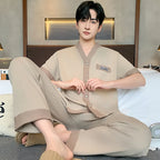 Men's Japanese Kimono Casual Fashion Solid Color Cardigan Loose Summer Short-Sleeved Pajamas with long pants Home Comfort Wear