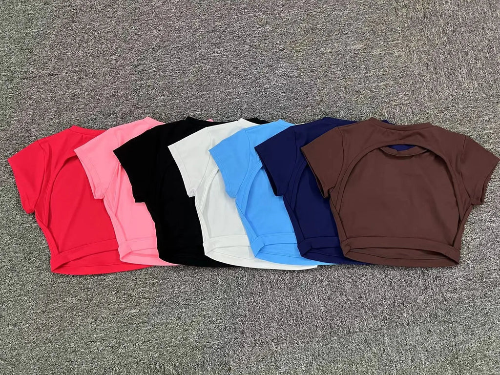 Hearuisavy Summer Sports Shirts Breathable Workout Tops Fitness Sportswear Backless Yoga Clothing Sport Crop Tops Women Gym Top