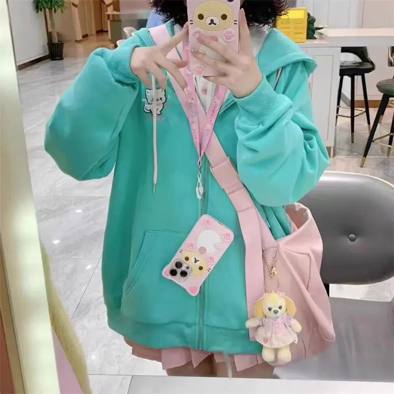 Ropa Cute Hoodies Coats Cartoon Cute Cat Ear Print Hooded Sweatshirts Y2K Tops Women Clothing Casual Zipper Loose New Hoodie
