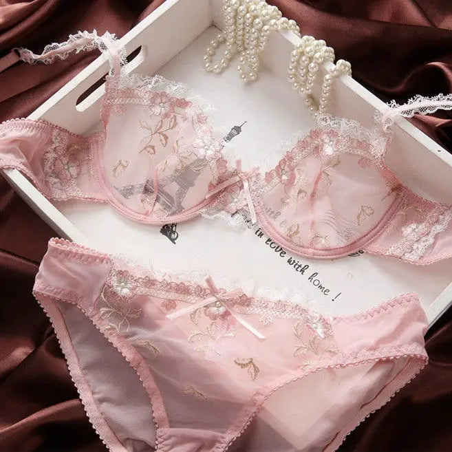 French Style Minimiser Bra Set | Big Size Unpadded Lace Half Cup, Large Cup Thin Anti-Sagging Sheer Lingerie Set BANERDANNI Bras