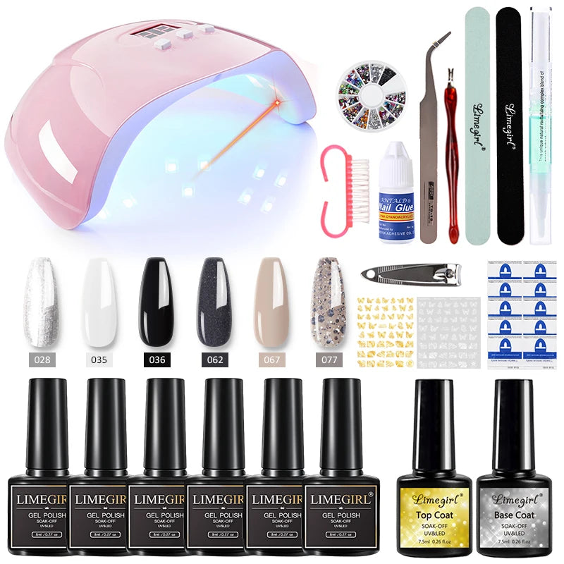 Limegirl Nail Set Nail Gel Tools Kit 54W Nail Lamp 18/12/7 Colors UV Gel Nail Polish Kit Contains Nail Drill Machine Nail Kit