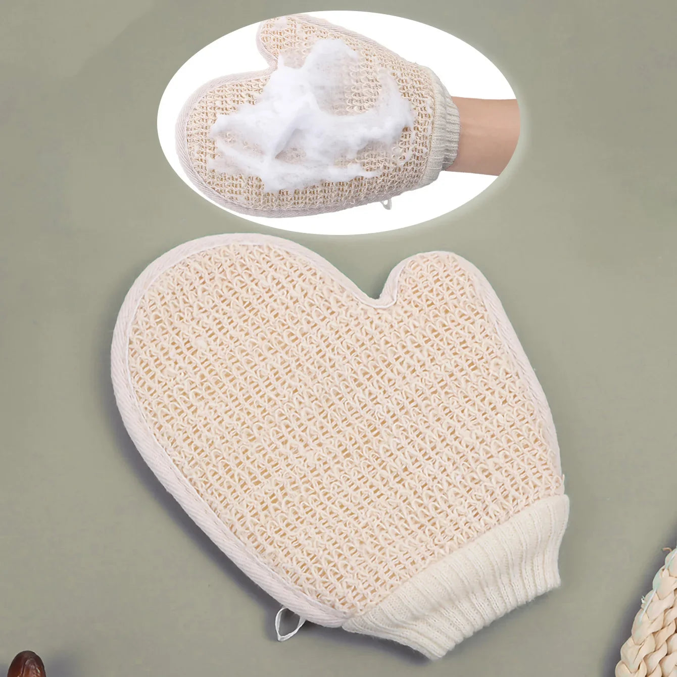 2-in-1 Body Scrub Shower Glove, 1 Piece Natural Cotton Linen Gentle Exfoliating Scrubber With Mesh Texture For Home Spa Main image