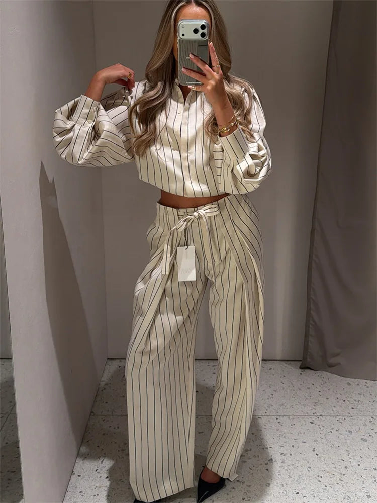 HH Women 2026 New Fashion Versatile Beige Striped Puffy Sleeve Shirt+High Waisted Loose Pleated Casual Long Pants Two Piece  Set