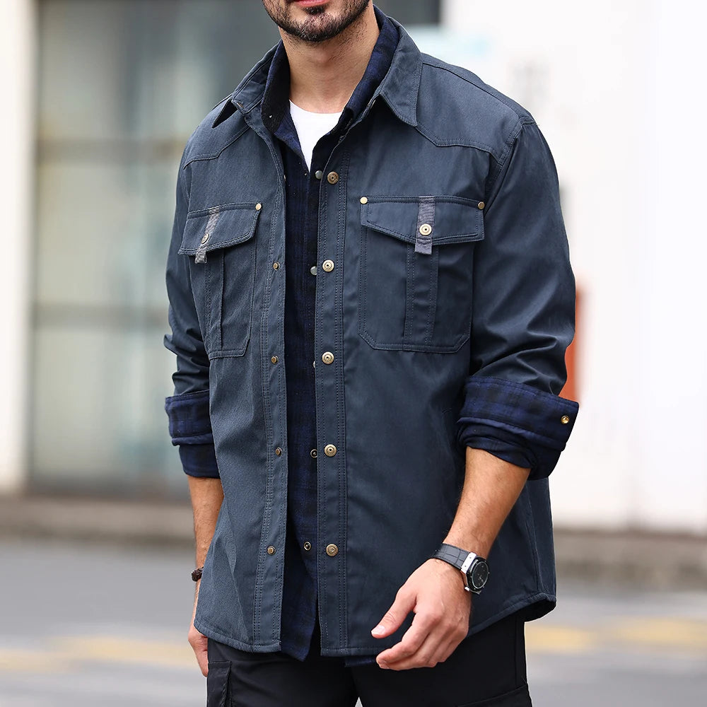 Men's Jackets Spring Flannel Lined Shirt Coat Shacket Casual Snap Button Overshirt Western Cowboy Style High Quality Top US Size