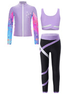 3Pcs Kids Girls Skating Athletic Fitness Workout Tracksuit Sleeveless Vest Top +Pants with Long Sleeve Zipper Sweatshirt Gym Set