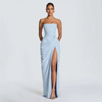 Women Solid Pleated Sexy Strapless Dress Lady Chic Off-shoulder Backless High Waist Split Dresses 2026 New Evening Party Gown