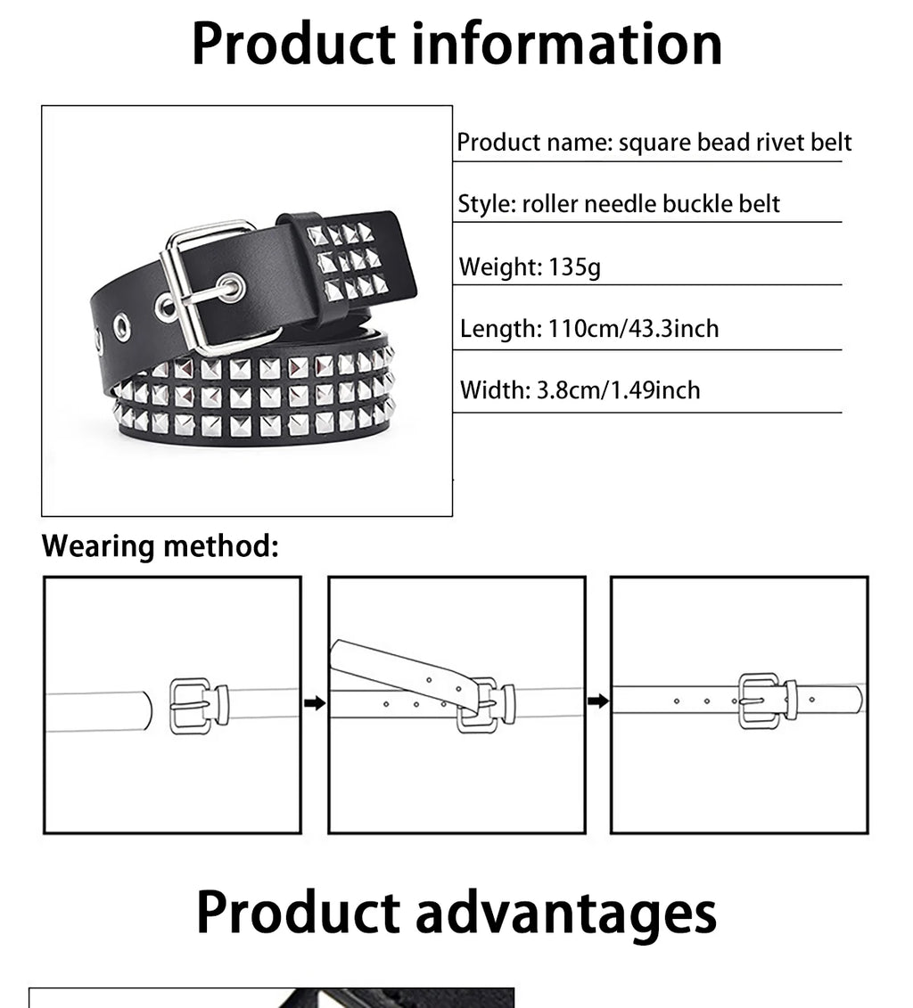 Fashion New Square Bead Rivet Belt Metal Pyramid Belt Men and Women Punk Hardware Jeans Belt Y2K Belt Designer Belt Women's Belt