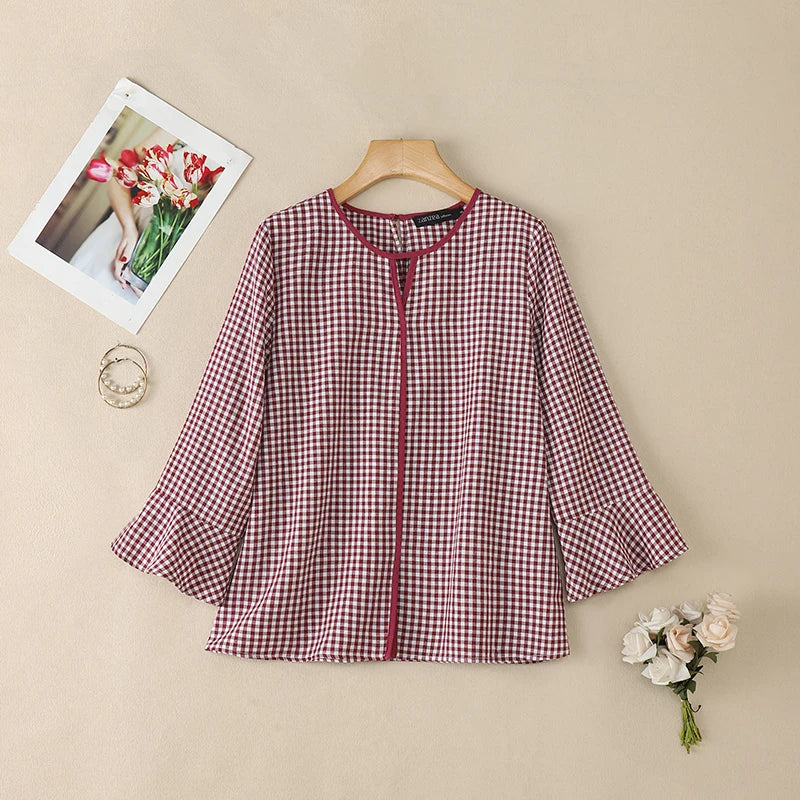 ZANZEA Women Summer Plaid Patchwork Blouse 3/4 Flare Sleeve Cut Out Tops Casual Loose Shirt Retro Chemise Female Work Blusas
