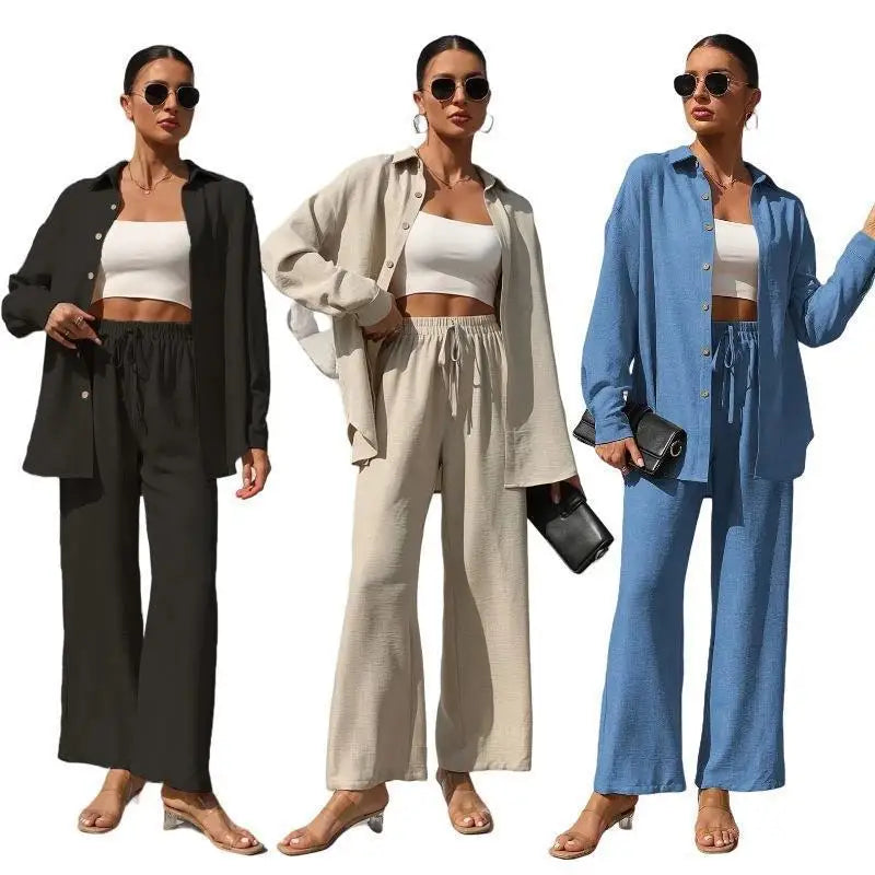 Plus Size Casual Loose Two-Piece Set Wide Leg Pants Long Sleeve Shirt Light Beige Street Style Elegant Quality Polyester Summ...