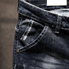 American Elastic Straight Jeans Men Ripped Worn-out Slim-fit Cotton Denim Pants Korean Style Fashion Blue Black Men's Clothing