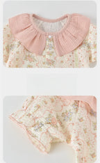 2026 Summer Baby Bodysuit Floral Print Cotton Peter Pan Collar Puff Sleeve Romper for Girls Soft Breathable Outfit