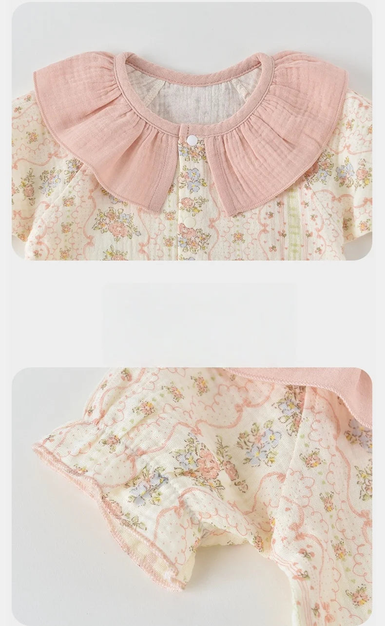 2026 Summer Baby Bodysuit Floral Print Cotton Peter Pan Collar Puff Sleeve Romper for Girls Soft Breathable Outfit