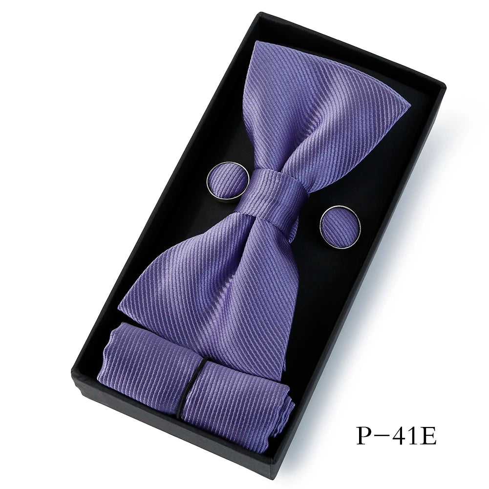 HUISHI Classic Black Bowtie Bow Ties For Mens Butterfly Bowknot Pocket Square Cufflinks Suit Set Bussiness Accessories Gift Box