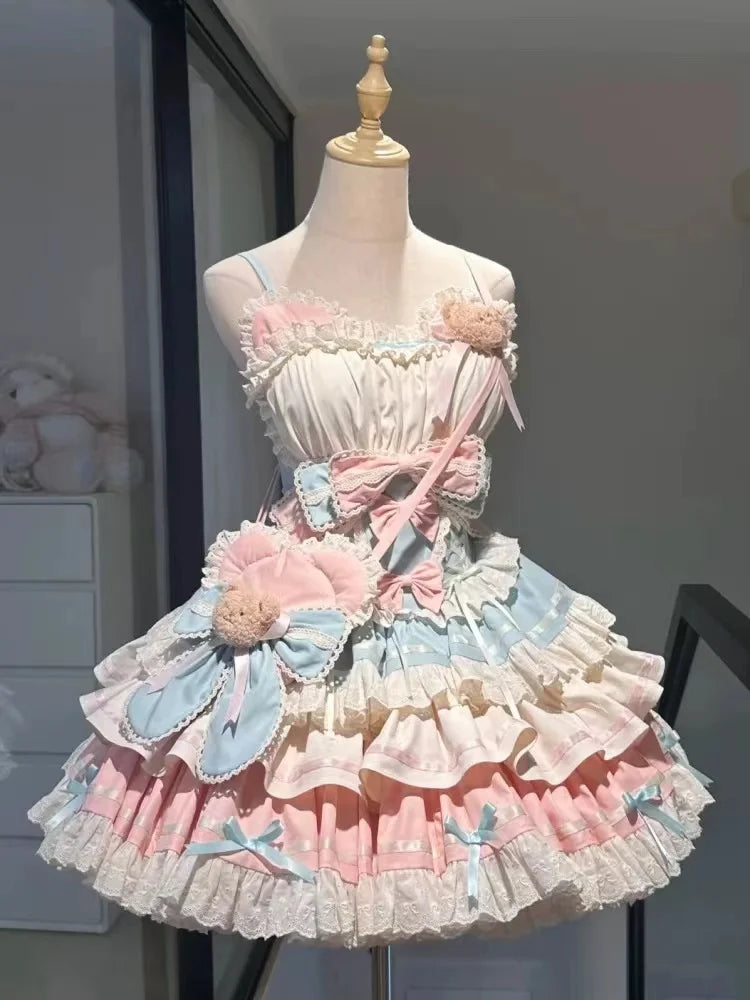 Summer Japanese Style Kawaii Lolita Dress Women Party Vintage Sweet Lace Bow Birthdays Cake Dresses Harajuku Y2k Bandage Dress