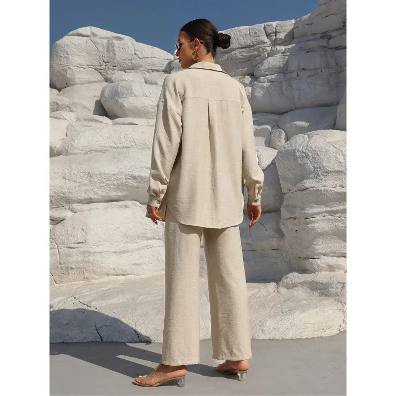 Plus Size Casual Loose Two-Piece Set Wide Leg Pants Long Sleeve Shirt Light Beige Street Style Elegant Quality Polyester Summ...