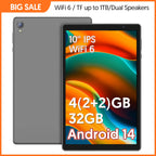 10-inch tablet, Android 14, quad-core processor, 4GB RAM (2GB+2GB expandable), 32GB storage, Wi-Fi, dual cameras, 6000mAh