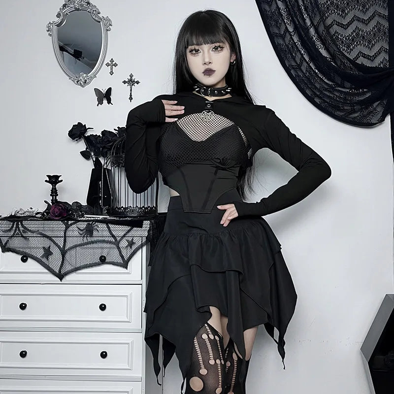 Summer Fashion Short Skirts New Sexy Women Gothic Punk Irregular Skirts Solid Color Drawstring Tie-Up Ruched Ruffles Mini Skirt