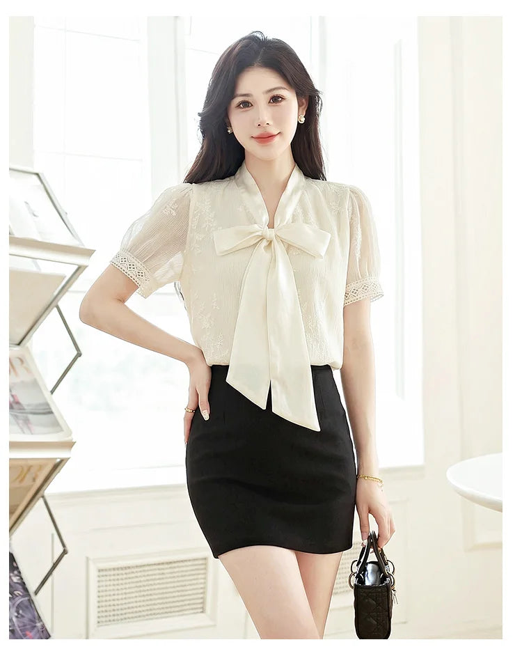 Blouses Shirts Women Blouse Shirt New Summer Bow Collar Embroidery Blouse Shirt Women Tops Short Sleeve Blusas Para Mujer Q4102