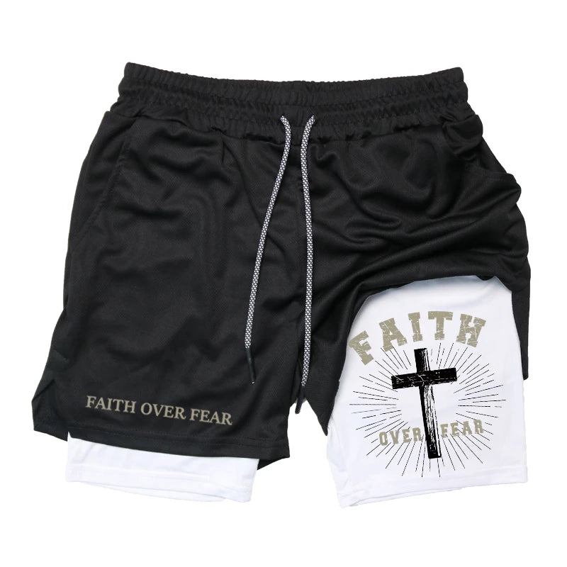 Print 2 in 1 Running Workout Shorts for Men Christian Gym Athletic Performance Shorts with Phone Pocket Towel Loop Activewear