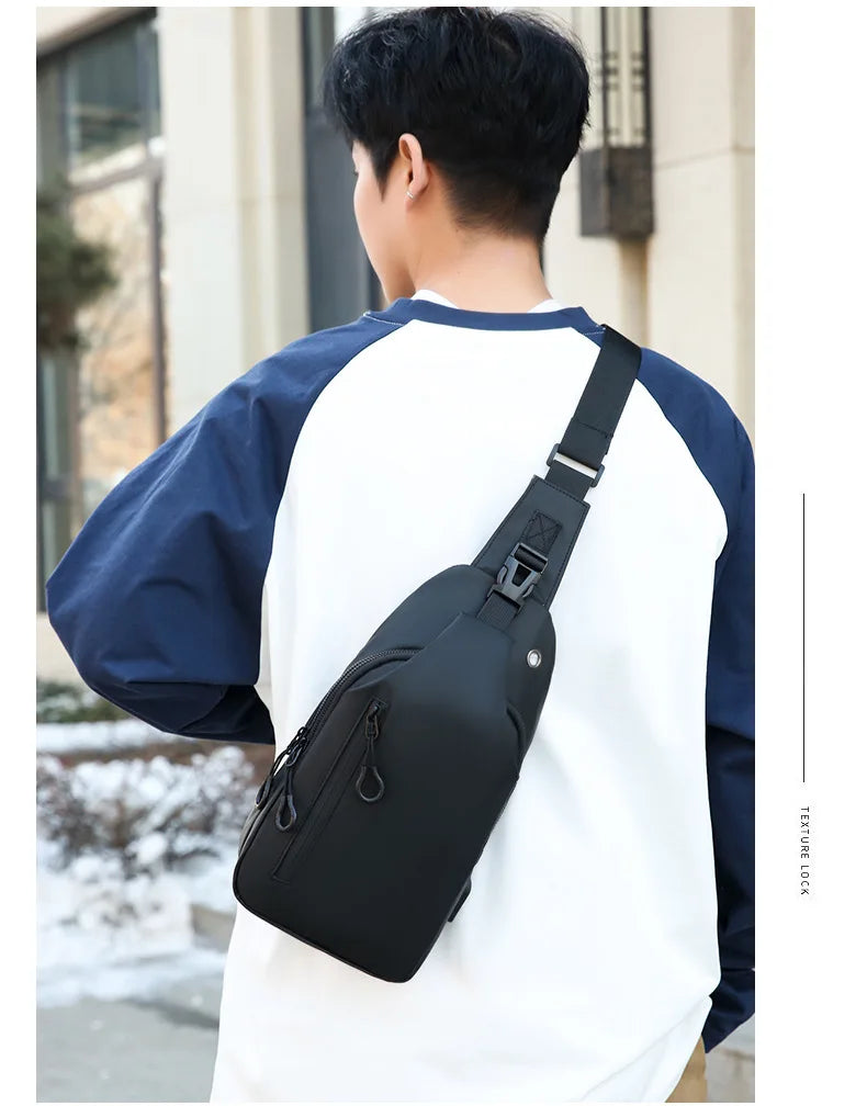 Men Bag Fashion New Solid Color Men Chest Bag Outdoor Casual Fashion One Shoulder Crossbody Bag Nylon USB Charging Shoulder Bags