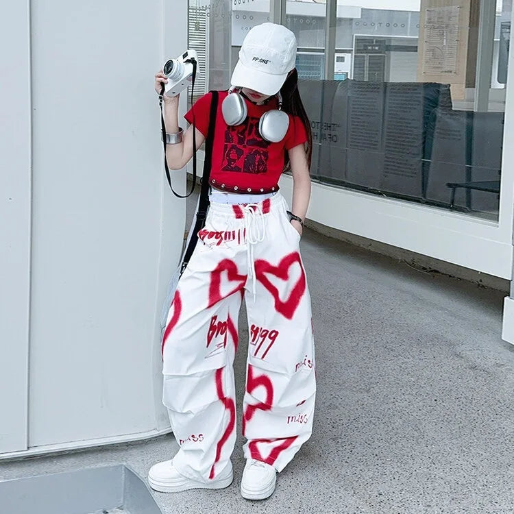 2026 summer spring teens tracksuit Girls cloth heart graffiti 1pc t-shirt top or long wide leg pant Kid 4 6 7 8 9 10 12 14 year Main image