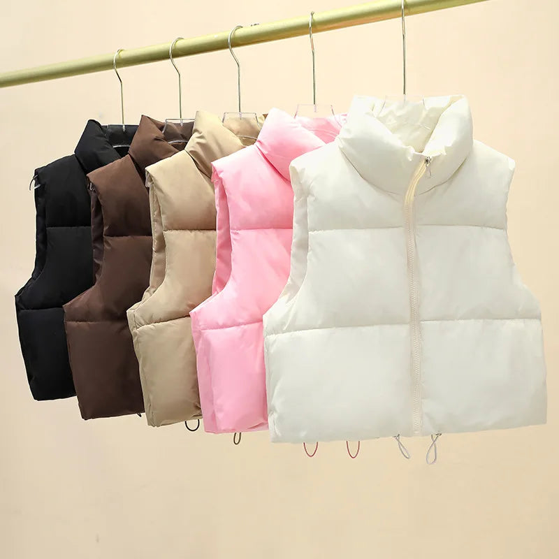 Winter Short Down Sleeveless Vest Women Warm Stand Collar Zipper Jacket Casual Fashion Quilted Cropped Coats Street Outerwears Main image