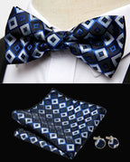 HUISHI Classic Blue Bowties For Men  Paisley Floral Bow Tie Pocket Square Cufflinks Suit Set Wedding Party Plaid Solid Butterfly