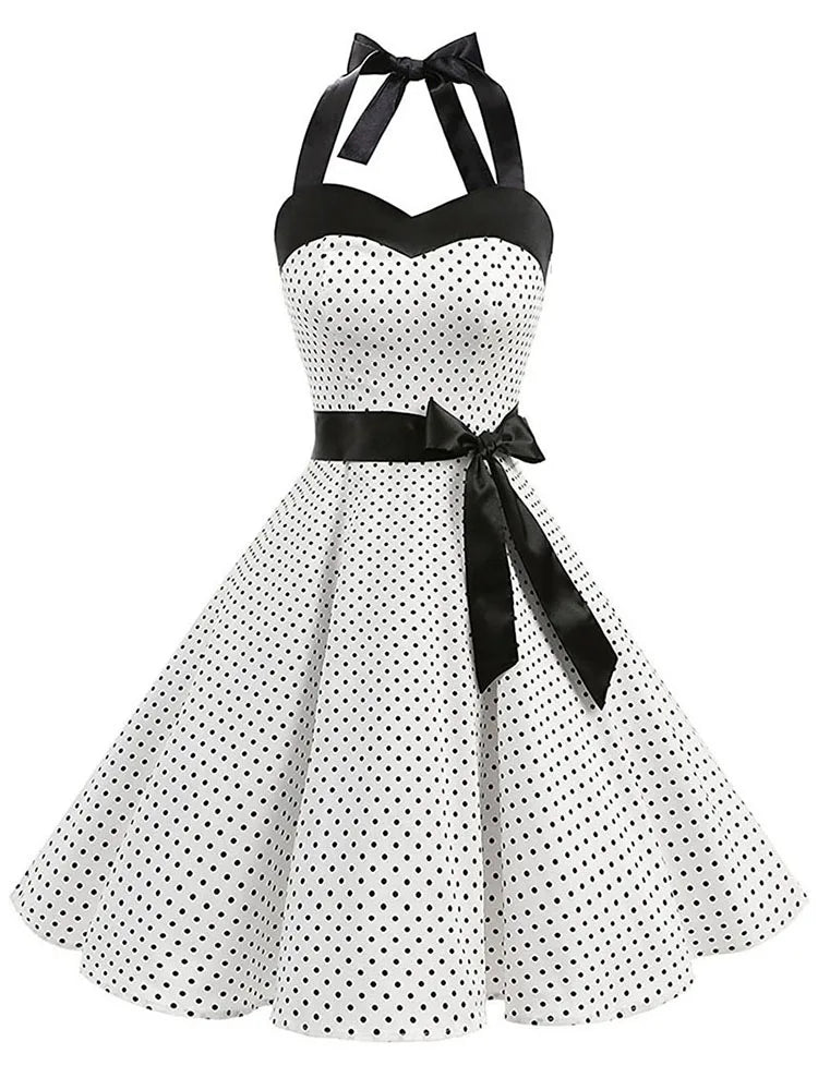Women Polka Dot Print Summer Dress Sexy Retro White Halter Vintage Dress Robe Femme Pin Up Rockabilly Party Dress Main image