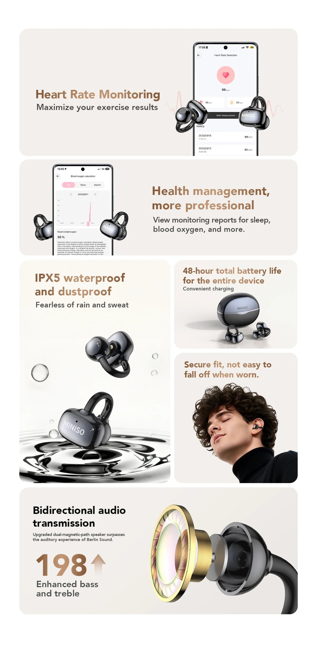 MINISO MS503 Wireless Bluetooth Earbuds AI Translation Earphones Outdoor Sports Headphones Clear Sound Headset Soft Comfortable