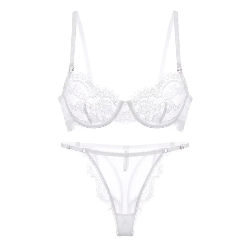 Sexy thin lace lingerie briefs sets women large size bras with steel ring see-through underwear set bra set
