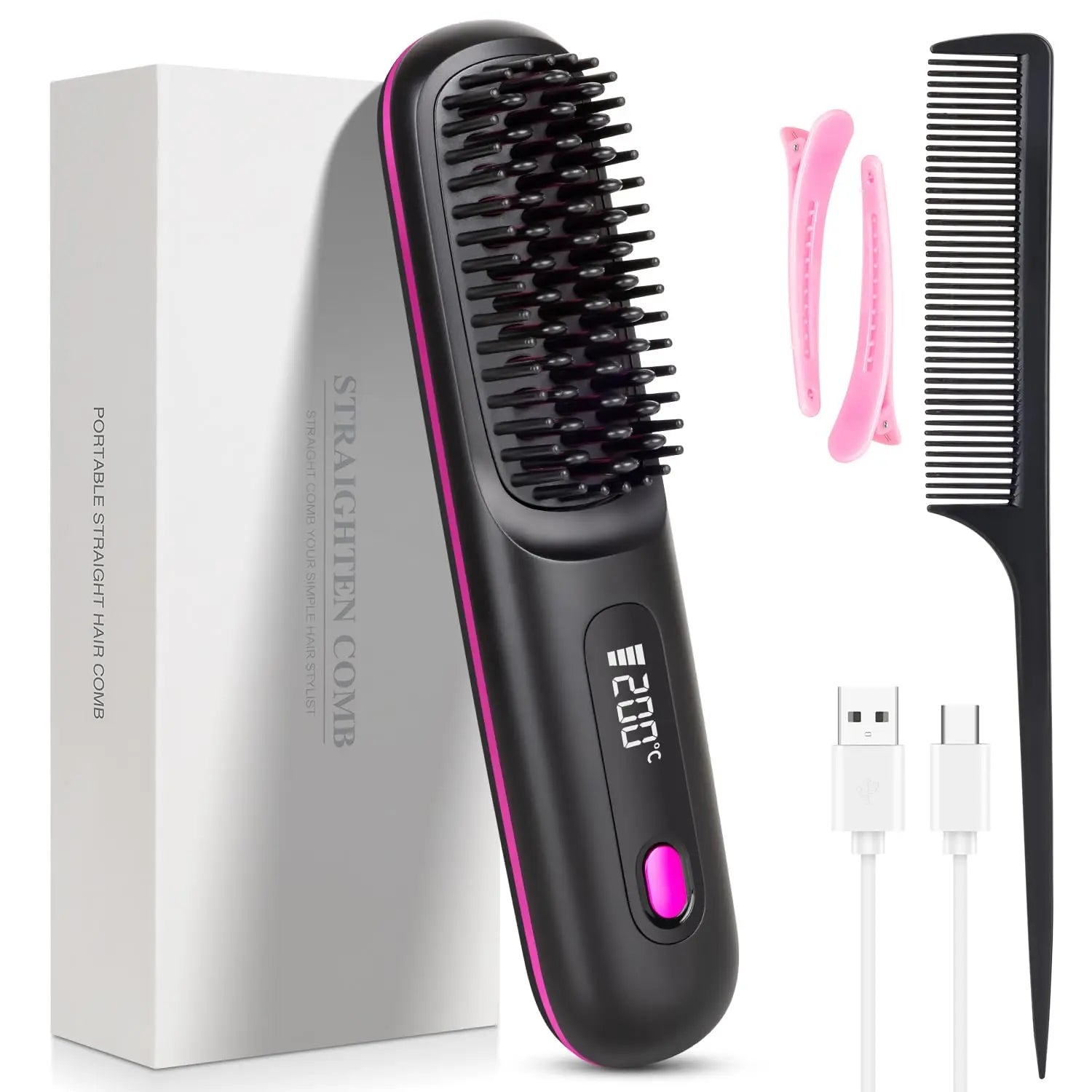 USB Charging Portable Hair Straightener Brush, Cordless Straightening Comb LED Display & Ceramic Coating, Ionic Technology Main image