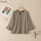 ZANZEA Women Summer Plaid Patchwork Blouse 3/4 Flare Sleeve Cut Out Tops Casual Loose Shirt Retro Chemise Female Work Blusas