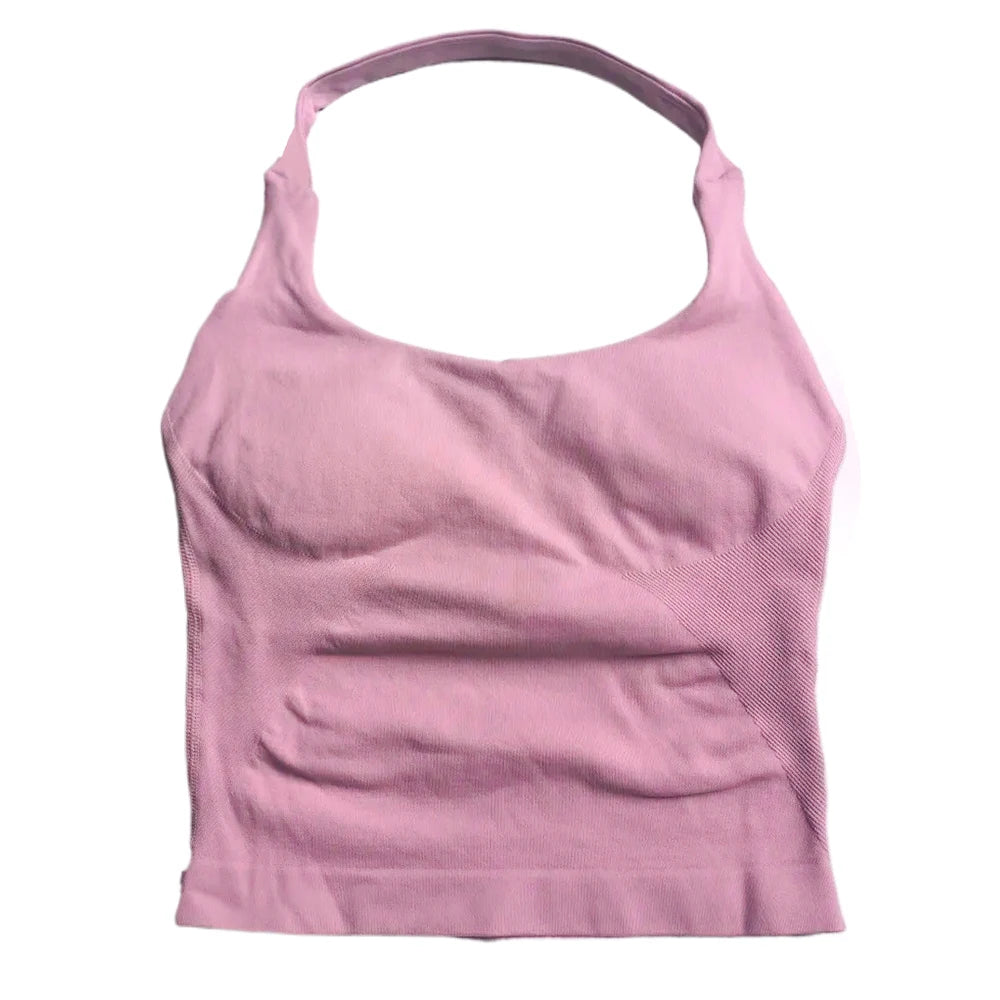 Gym Top Women Clothes Strappy Workout Tank Top Padded Sports Bra Backless Yoga Shirts Seamless Gym Crop Top Halter Fitness Vest