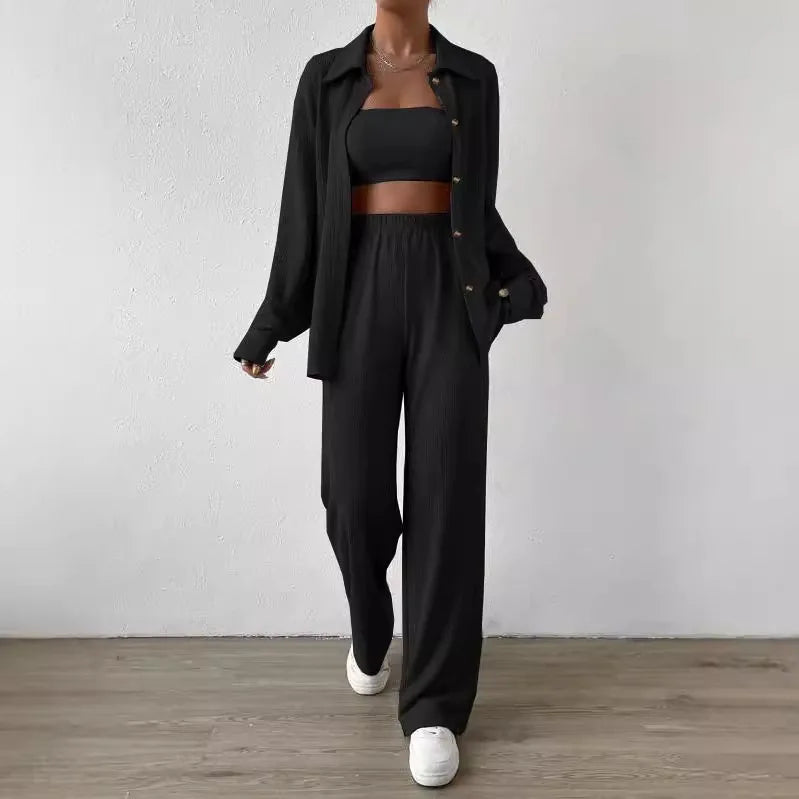 Plus Size Casual Loose Two-Piece Set Wide Leg Pants Long Sleeve Shirt Light Beige Street Style Elegant Quality Polyester Summ...