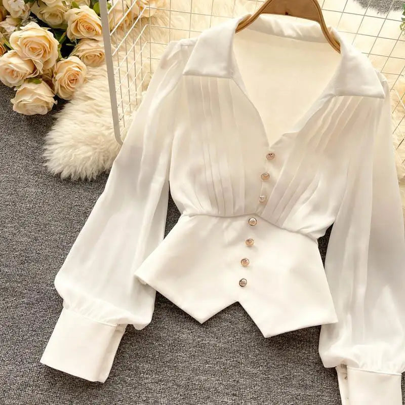 White Casual Polo-Neck Pullover Buttons Puff Sleeve Straight Women's Blouse Short Shirt Female Clothing Tops 2024 Fashion