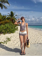 Sexy V-neck Small Chest Gathered To Cover The Belly Exposed Back Fashionable Checkered Flat Angle Pants Split Swimsuit for Women