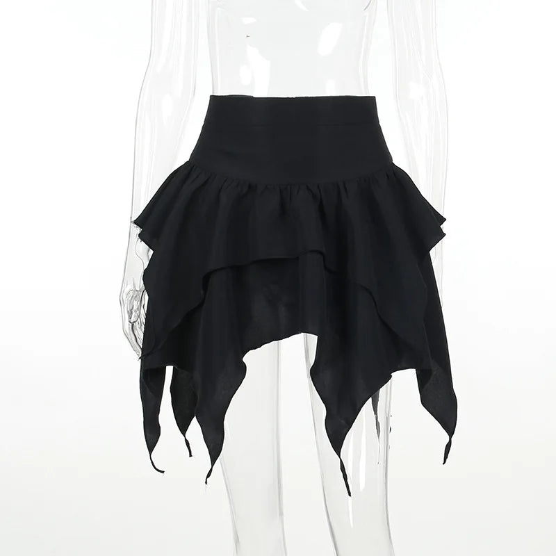 Summer Fashion Short Skirts New Sexy Women Gothic Punk Irregular Skirts Solid Color Drawstring Tie-Up Ruched Ruffles Mini Skirt