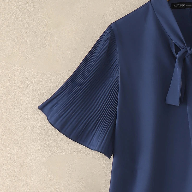 2026 ZANZEA Elegant Summer Blouse Women Stand Neck Short Sleeve Tops Stylish Solid OL Work Shirt Casual Lace-Up Holiday Tunic