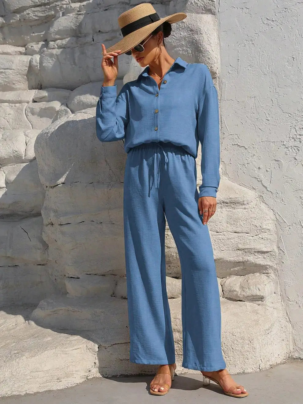 Plus Size Casual Loose Two-Piece Set Wide Leg Pants Long Sleeve Shirt Light Beige Street Style Elegant Quality Polyester Summ...