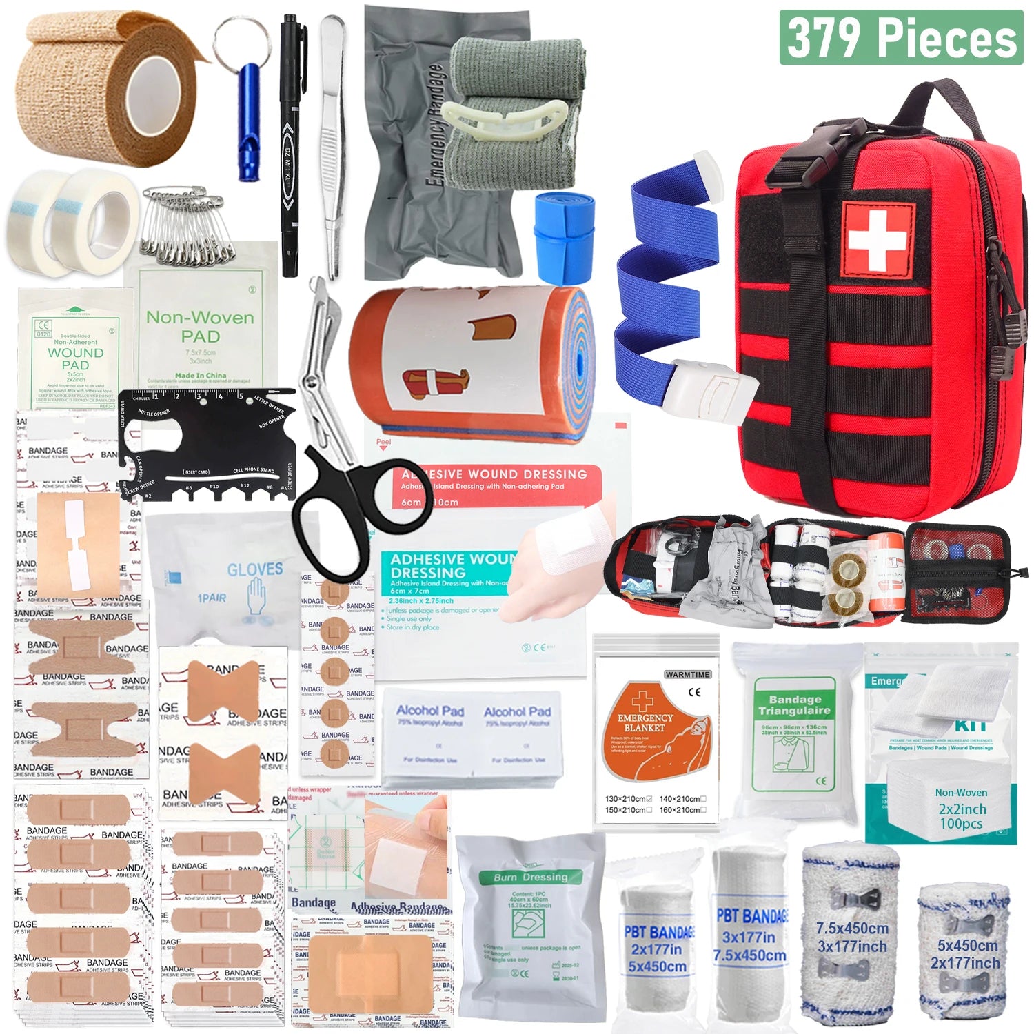 379pcs Home Office First Aid Kit Portable Emergency Bag, Red Survival Carry-On for Outdoor Activities, Camping, Hunting, Hiking Main image