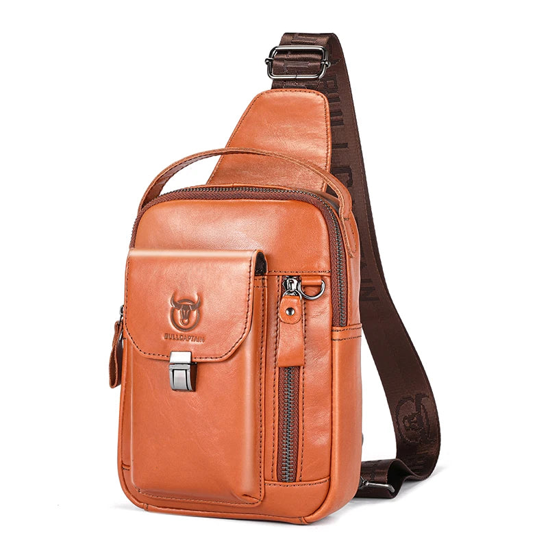 BULLCAPTAIN Men's Genuine Leather Chest Bag Casual Retro 7.9-inch Mobile Phone Bag Multifunctional Anti-Theft Crossbody Bag