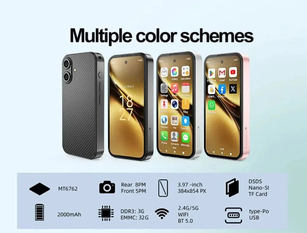 UNIWA Q333 4G 3.58 Inch Mini HD Smartphone 3GB RAM 64GB ROM 2000mAh Mobile Phones BT 5.0 Google Play Store Face ID Small Phone