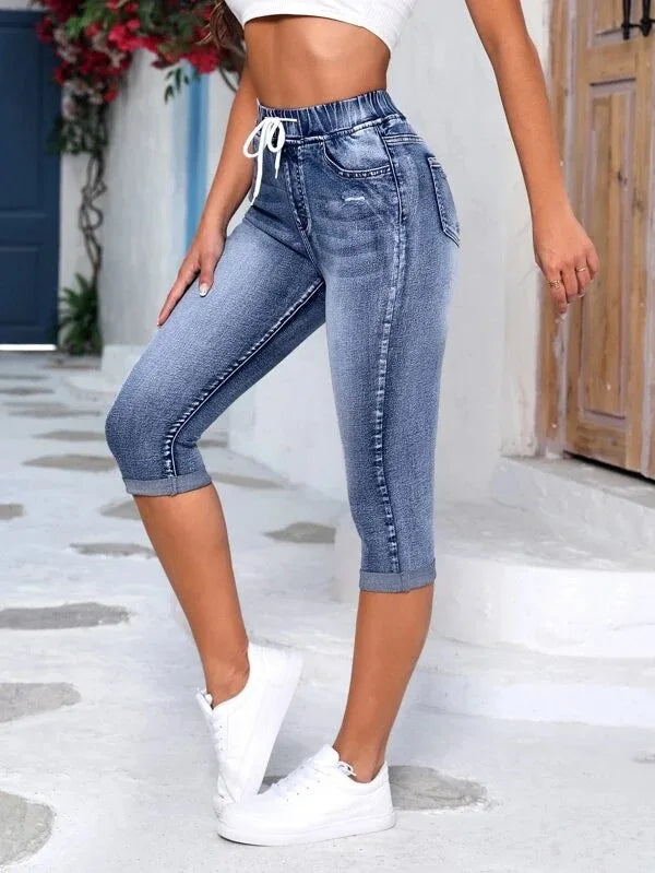 Hole Jeans Women Calf Length Pants Denim Fit High Waist Drawstring Pockets Vintage Pencil Trousers 2026 Streetwear Denims